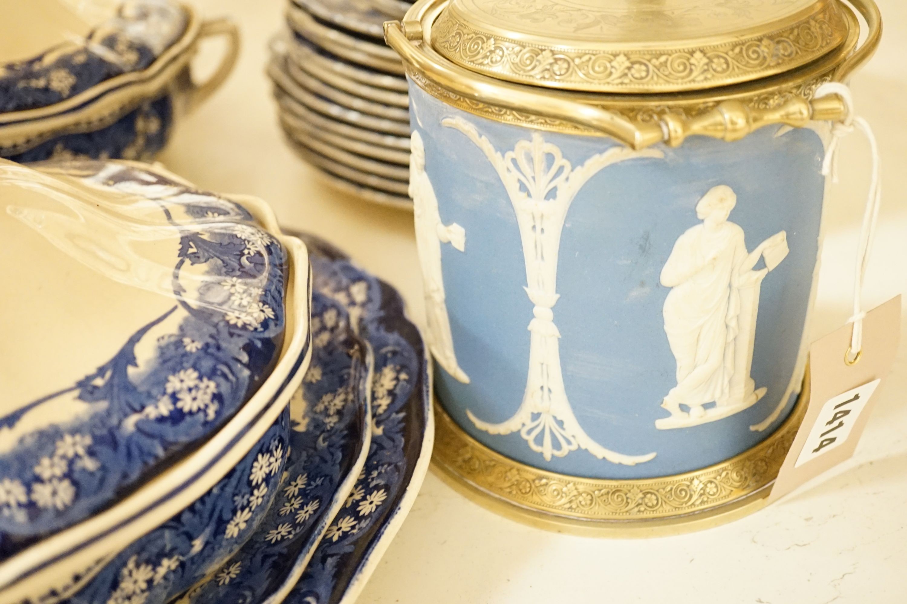 A Royal Doulton ‘Marjorie’ blue and white part dinner service and a Victorian jasper ware and electroplate mounted biscuit box, biscuit box, 17 cms high.